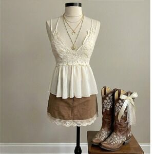 Prairie Style Top Cream Stretchy LARGE Summer Spring‎ Chiffon Lace